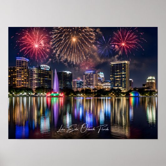Orlando Florida Skyline with Lake Eola Fireworks ポスター (正面)