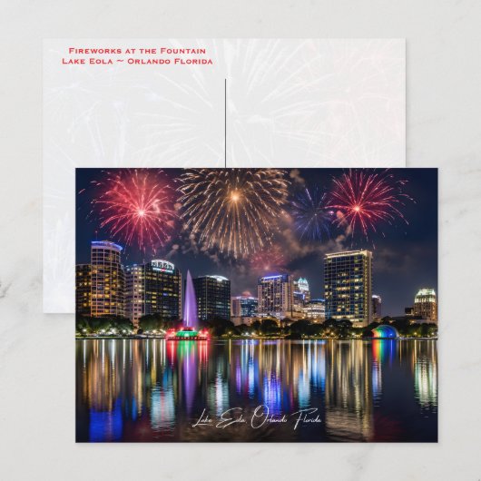 Orlando Florida Skyline with Lake Eola Fireworks ポストカード (正面/裏面)