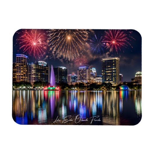 Orlando Florida Skyline with Lake Eola Fireworks マグネット (横)