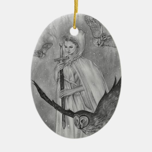 Ornament冬のフクロウの冬の女性 セラミックオーナメント (正面)