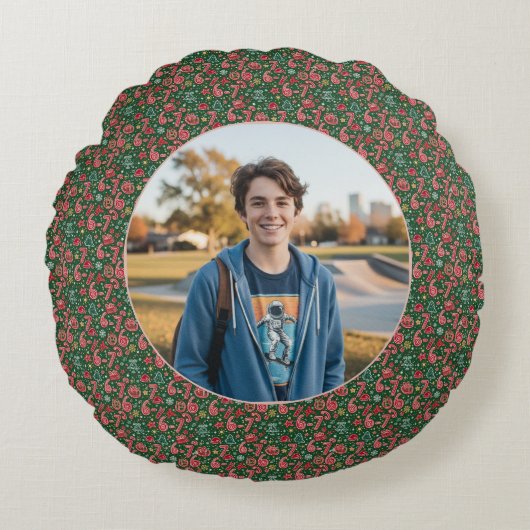Ornament 6-7 Meme One Photo Christmas Doodles ラウンドクッション (正面)
