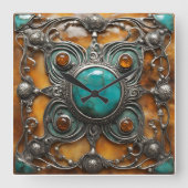 Ornamental Fire Jewel with Verdigris & Silver Lace スクエア壁時計 (正面)