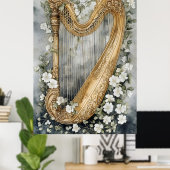ornamental harp surrounded by white flowers ポスター (ホームオフィス)