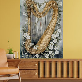 ornamental harp surrounded by white flowers ポスター