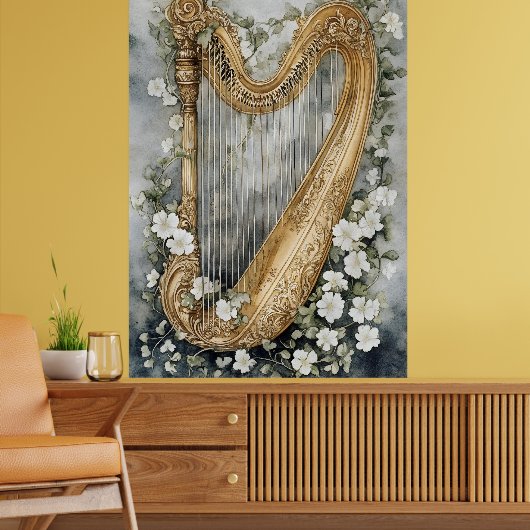 ornamental harp surrounded by white flowers ポスター (リビング2)