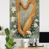 ornamental harp surrounded by white flowers ポスター (ホームオフィス)