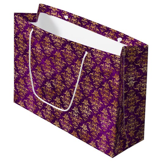Ornamental Purple & Gold Damask Pattern ラージペーパーバッグ (正面アングル)