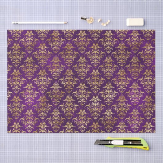 Ornamental Purple & Gold Damask Pattern 薄葉紙 (クラフト)