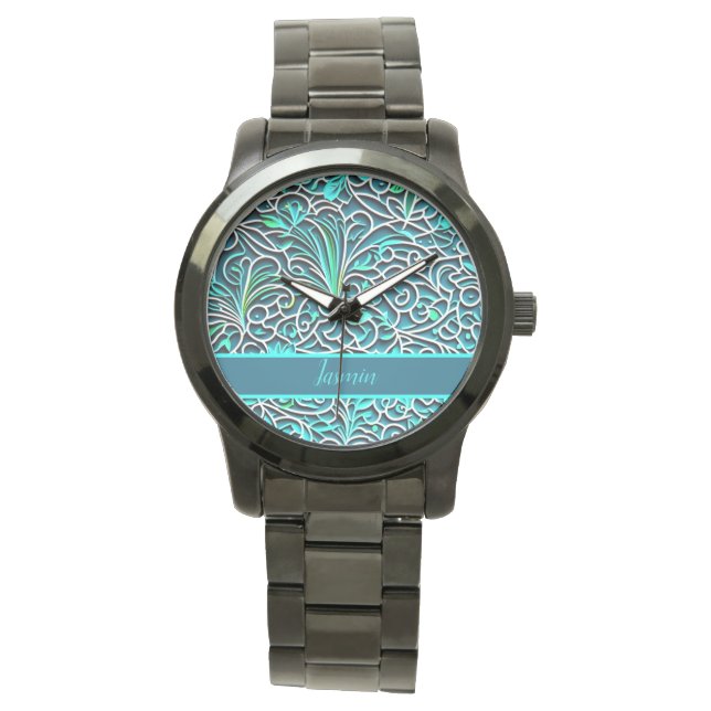 Ornamente Muster 3D Optik blau, türkise, grün 腕時計 (正面)
