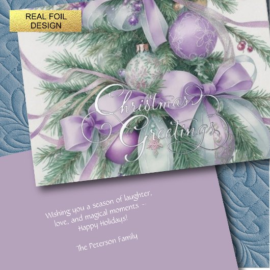 Ornaments Satin Ribbon Evergreen Purple Green 箔シーズンカード
