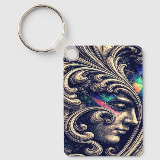 Ornate Abstract Face with Flowing Baroque Keychain キーホルダー (正面)