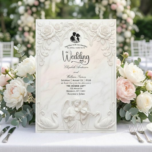 Ornate Baroque Angel & Swan Cameo Art Wedding  招待状