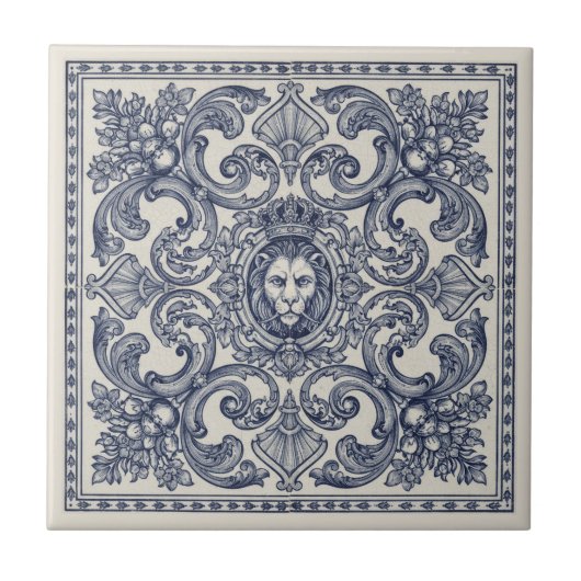 Ornate Baroque Pattern Pat#1 Blue Ivory ID1194 タイル (正面)