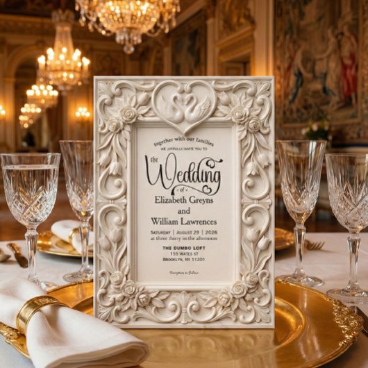 Ornate Baroque Swan Heart Acanthus Frame Wedding 招待状