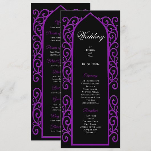 Ornate black and purple Gothic Wedding Program メニュー (正面/裏面)