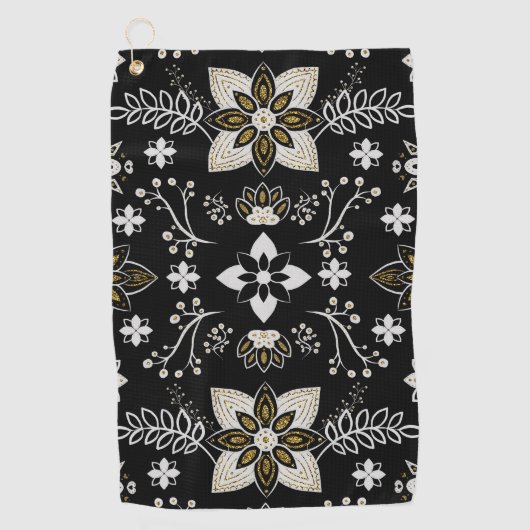 Ornate black and white floral pattern  ゴルフタオル (正面)