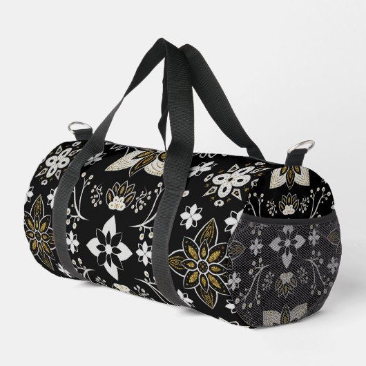 Ornate black and white floral pattern  ダッフルバッグ (右コーナー)