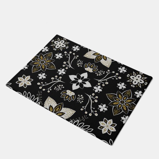 Ornate black and white floral pattern  ドアマット (アングル)