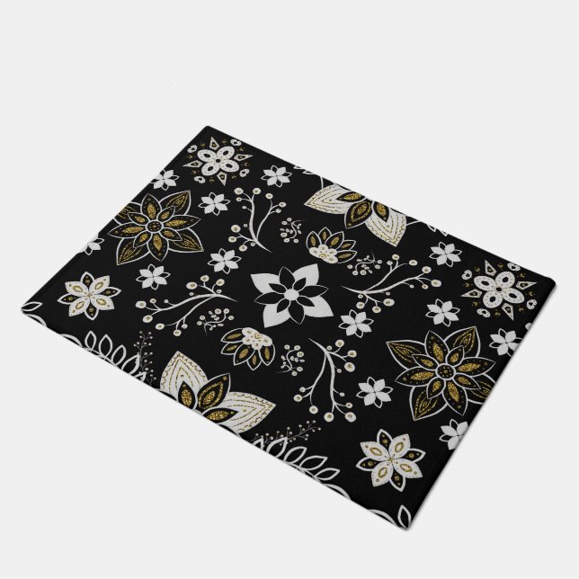 Ornate black and white floral pattern  ドアマット (アングル)