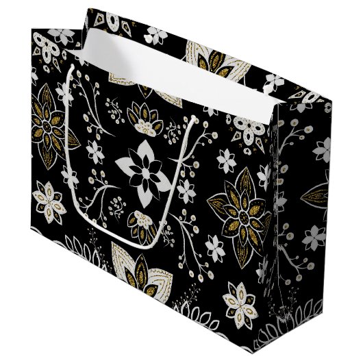 Ornate black and white floral pattern  ラージペーパーバッグ (正面アングル)