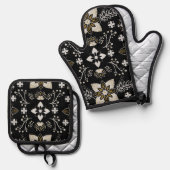 Ornate black and white floral pattern  鍋つかみ&鍋敷きセット (正面/裏面)
