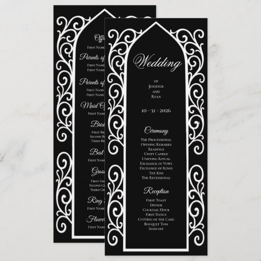 Ornate black and white Gothic Wedding Program メニュー (正面/裏面)