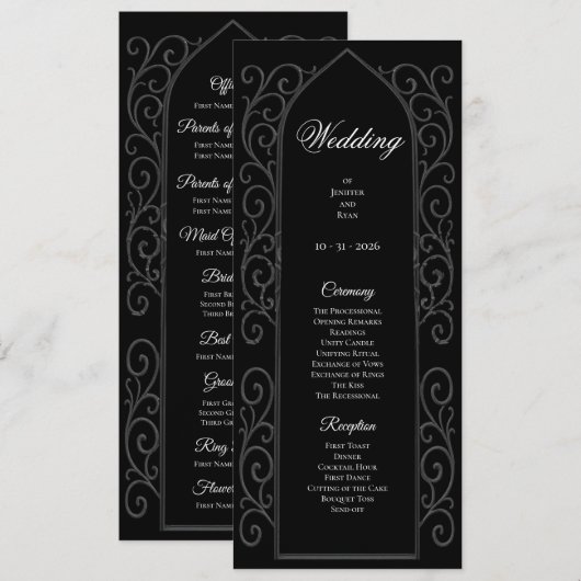 Ornate black and white Gothic Wedding Program メニュー (正面/裏面)