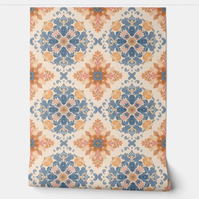 Ornate Blue and Terracotta Tile Pattern 壁紙 (ほどく)