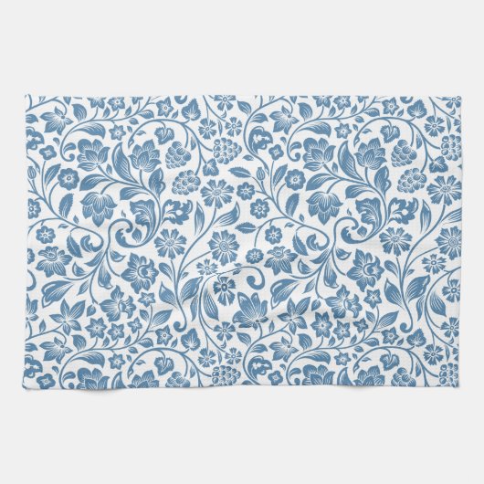 Ornate Blue and White Floral Vines Pattern キッチンタオル (横)