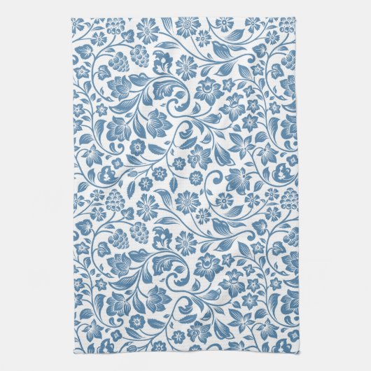 Ornate Blue and White Floral Vines Pattern キッチンタオル (縦)