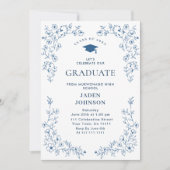Ornate Blue Floral Grace 4 Photo Graduation Party 招待状 (正面)
