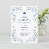 Ornate Blue Floral Grace 4 Photo Graduation Party 招待状 (スタンド正面)