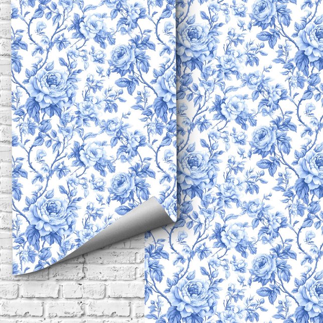 Ornate Blue French Toile Roses Floral Wallpaper  壁紙 (Ornate Blue French Toile Roses Floral Wallpaper Design)