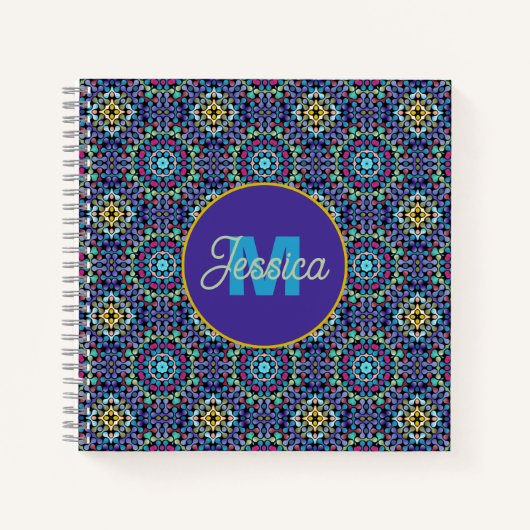 Ornate Blue Geometric Mosaic Pattern Personalised ノートブック (正面)
