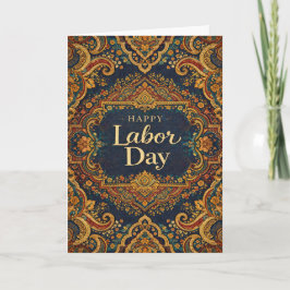 Ornate Blue Gold Scrollwork Happy Labor Day カード