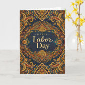 Ornate Blue Gold Scrollwork Happy Labor Day カード (黄色い花)