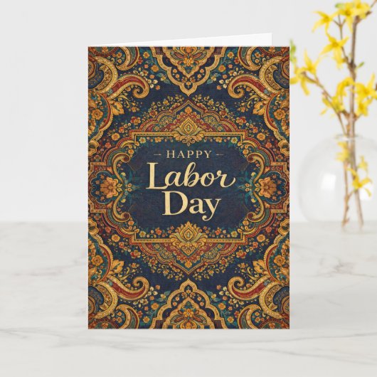 Ornate Blue Gold Scrollwork Happy Labor Day カード (黄色い花)