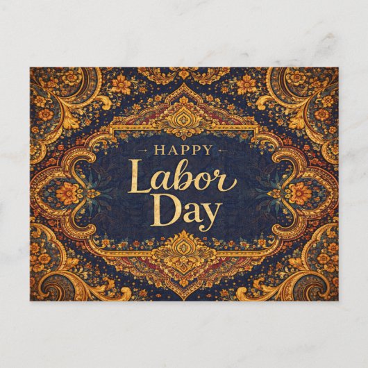 Ornate Blue Gold Scrollwork Happy Labor Day シーズンポストカード (正面)