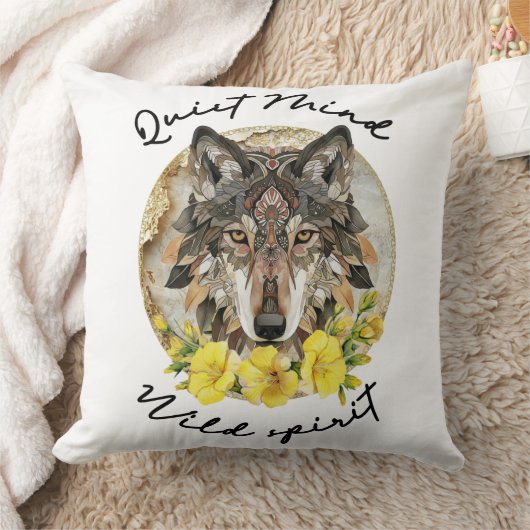 Ornate Boho Wolf with Yellow Flowers クッション (ブランケット)