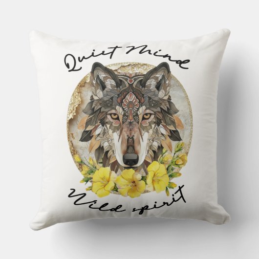 Ornate Boho Wolf with Yellow Flowers クッション (裏面)