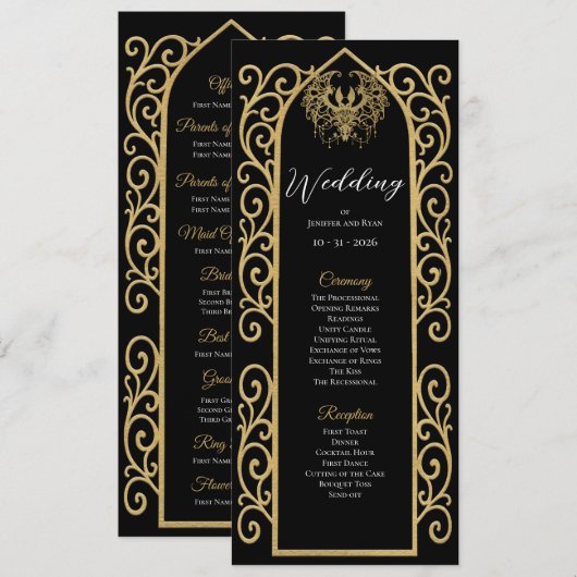 Ornate Border black and gol Gothic Wedding Program メニュー (正面/裏面)
