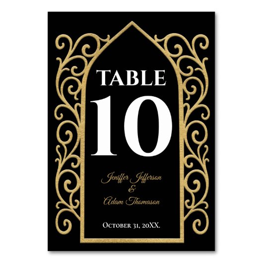 Ornate border black and gold Gothic Wedding テーブルナンバー (正面)