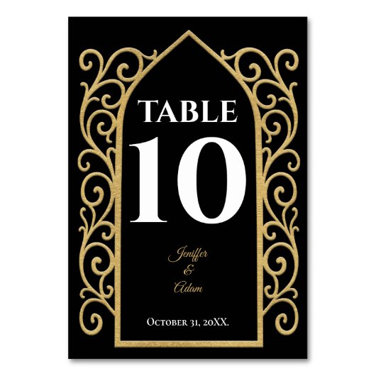 Ornate border black and gold Gothic Wedding テーブルナンバー (正面)
