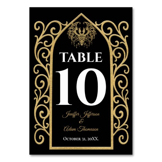 Ornate border black and gold Gothic Wedding テーブルナンバー (正面)