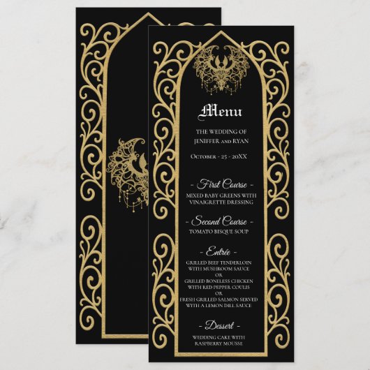 Ornate border black and gold Gothic Wedding Menu メニュー (正面/裏面)