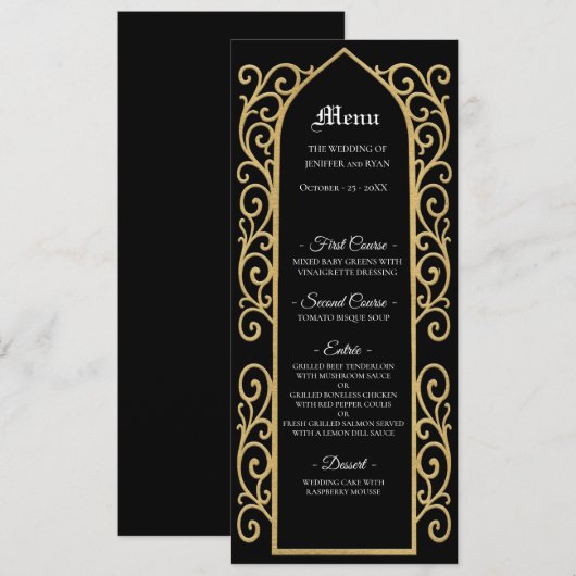 Ornate border black and gold Gothic Wedding Menu メニュー (正面/裏面)