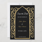 Ornate border black and gold wedding save the date 案内状 (正面)