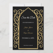 Ornate border black and gold wedding save the date 案内状 (正面)