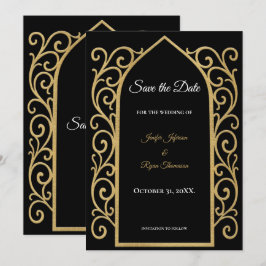 Ornate border black and gold wedding save the date 案内状