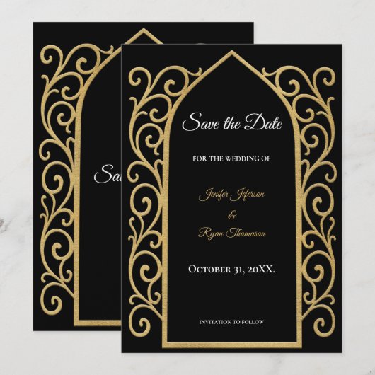 Ornate border black and gold wedding save the date 案内状 (正面/裏面)